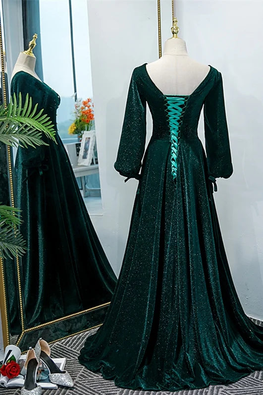 Formal Wear Dresses V Neck Long Sleeves Green Velvet Long Formal Dress Prom Dress Stores With Prom Dresses